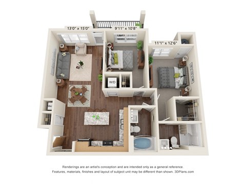 Floor plan for 2 beds, 2 baths, 932 sqft